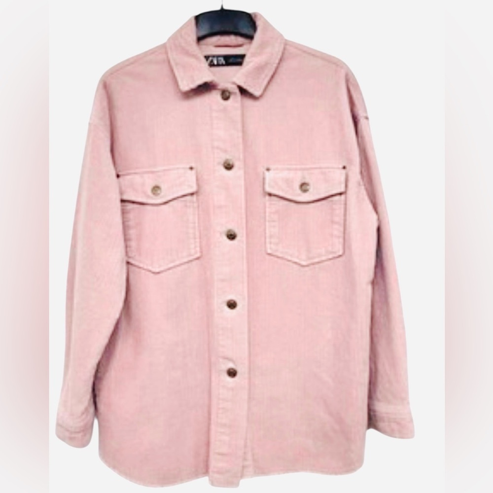 Zara Light Pink Utility Jacket/Shacket, corduroy, frayed bottom, Size Large - Picture 2 of 7